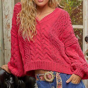 POL Fuchsia V neck Chenille sweater